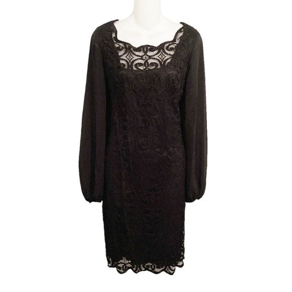 Adrianna Papell black lace sheer sleeve shift dress 14 U5
